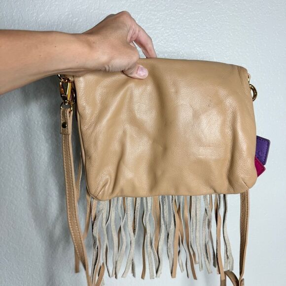 Claudia G camel tan supple genuine leather fringe foldover crossbody bag - Picture 4 of 12